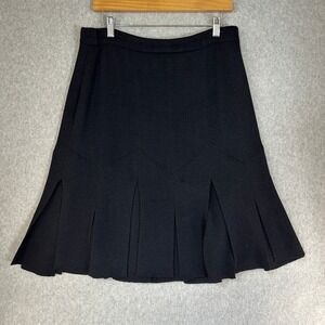 St. John Evening Skirt Black Split Flap Hem Pleated Flare Santana Knit Womens 12